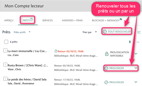 Copie écran de l'onglet Prêts du compte lecteur. Cliquer sur Tout renouveler ou pour renouveler titre par titre en cliquer sur Prolonger 